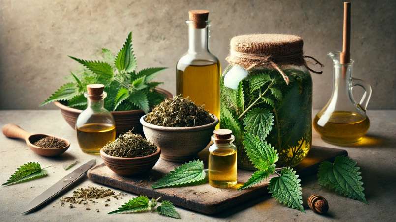 Dilgėlių aliejus, gaunamas perpilant džiovintas dilgėles